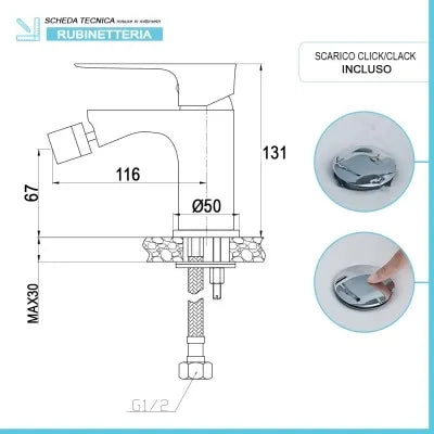 Set miscelatori lavabo alto e bidet Flat con piletta click clack