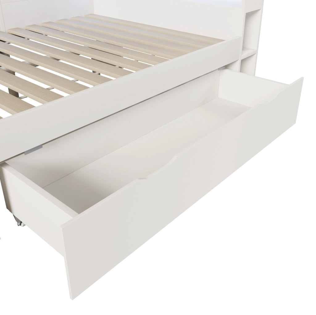 Letto a giorno 140x200 cm con LED; USB e Type-C; bianco; con ripiani e cassetti