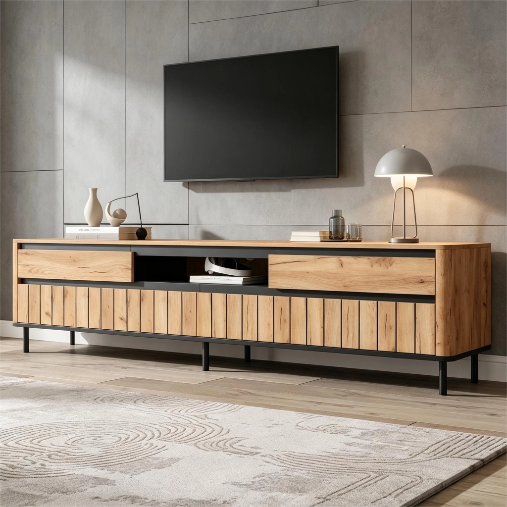 Cassettiera TV nero e naturale in MDF lunghezza 180 cm
