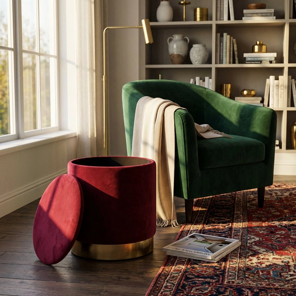 Pouf contenitore rotondo in velluto -  OCTAVIA