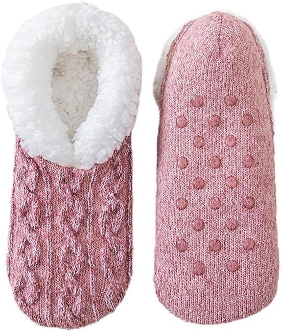 Sokini calde con pelo soffici per donna e uomo, con imbottitura di fleece spessa e antiscivolo per pavimenti interni, colore rosa.
