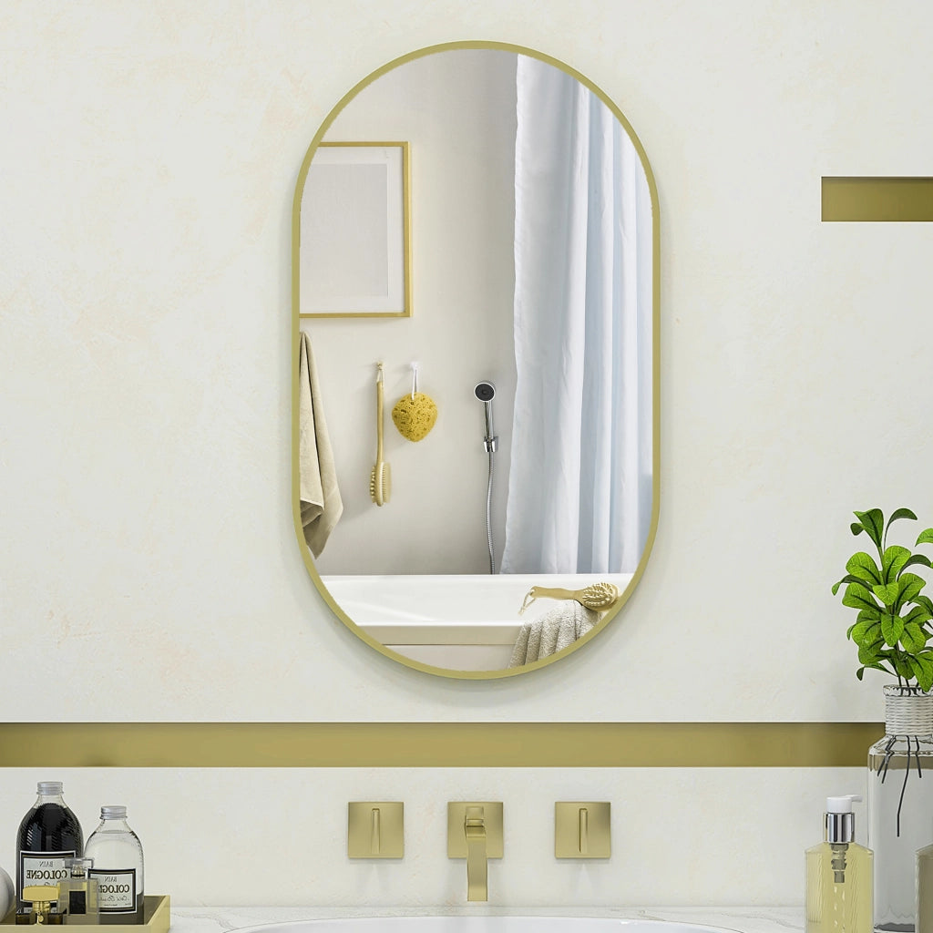 Specchio da Bagno Ovale con Cornice in Alluminio ¨C Minimal ¨C 40x70 cm Dorato