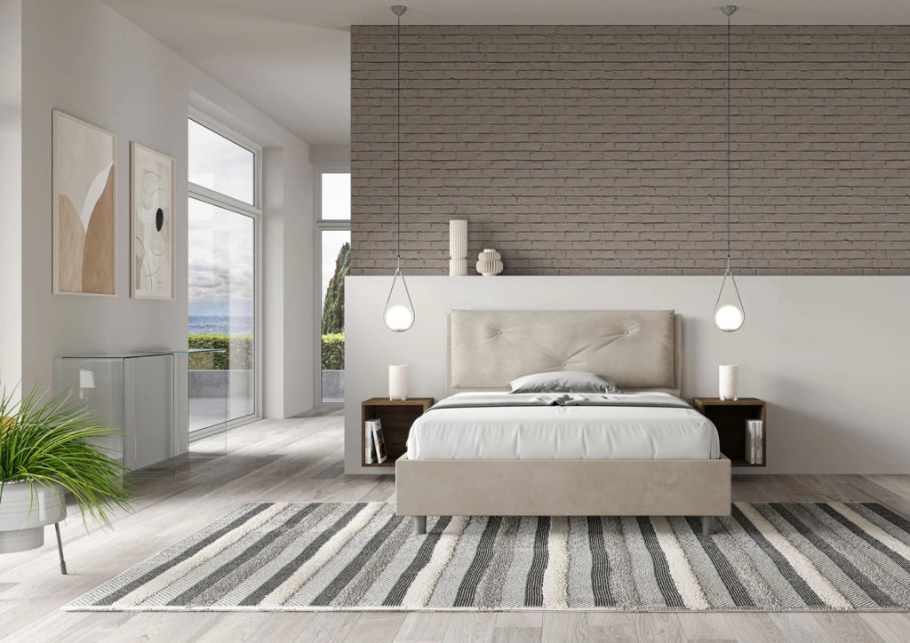 BS COM Letto matrimoniale francese con rete imbottito 140x200 microfibra sabbia Large