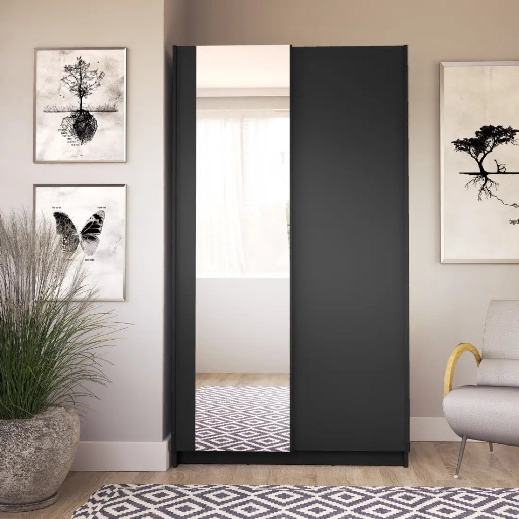 Armadio LYSIA 100 cm nero opaco – 2 porte scorrevoli con specchio