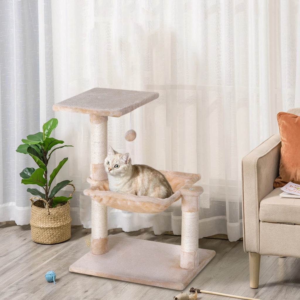 Tiragraffi per Gatti con Amaca e Pallina ¨C Xylo ¨C Legno e Peluche Beige 50x36x70cm