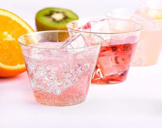 Set di 25 tazze in plastica trasparente da 9 oz / 270 ml con glitter e decorazione dorata, riciclabile.