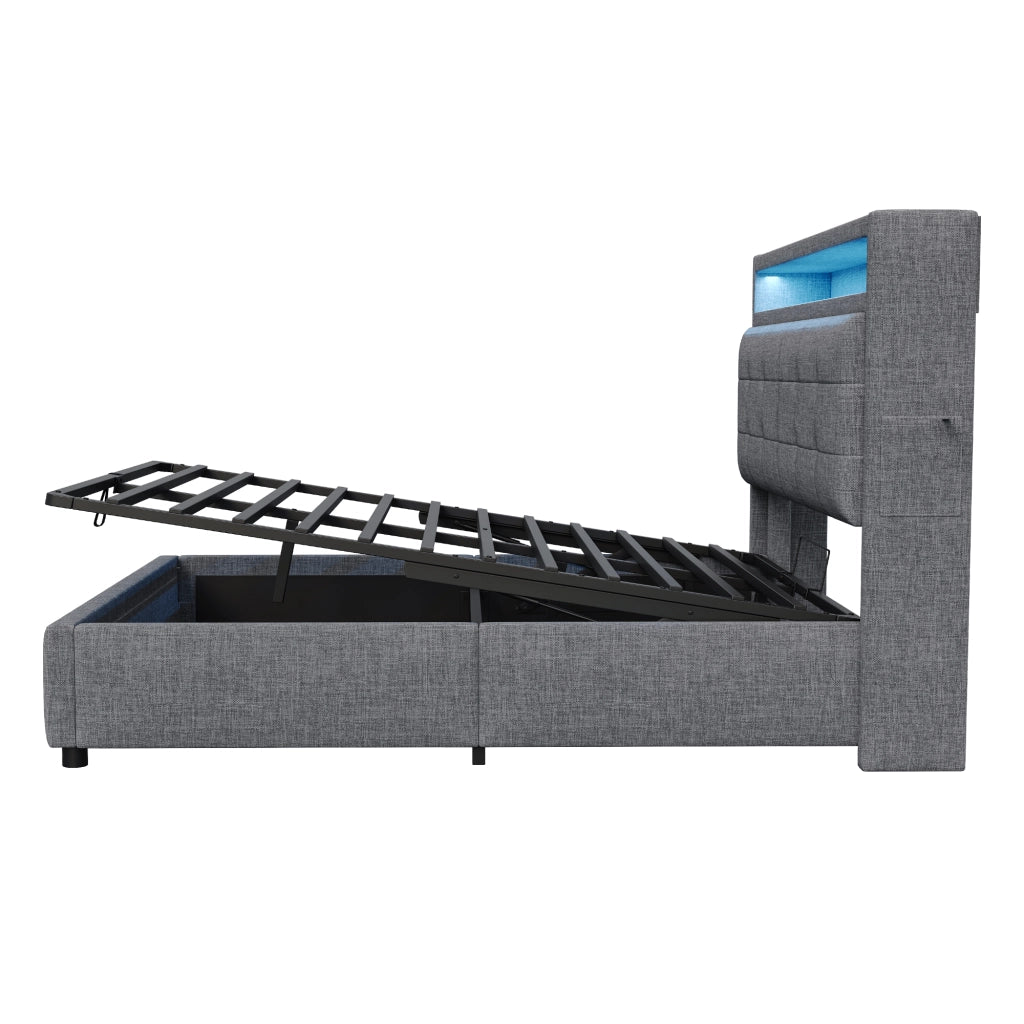 LETTO Imbottito 160x200 cm Grigio in lino con LED, USB e contenitore