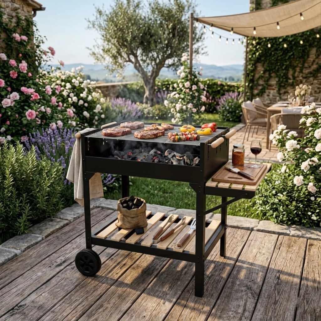 Barbecue Da Esterno Con Griglia Regolabile Ripiano Porta Accessori Laterale E Inferiore Acciaio Robusto Con Ruote Per Terrazza E Outdoor Cooking 122 x 53 x 100 Cm Nero