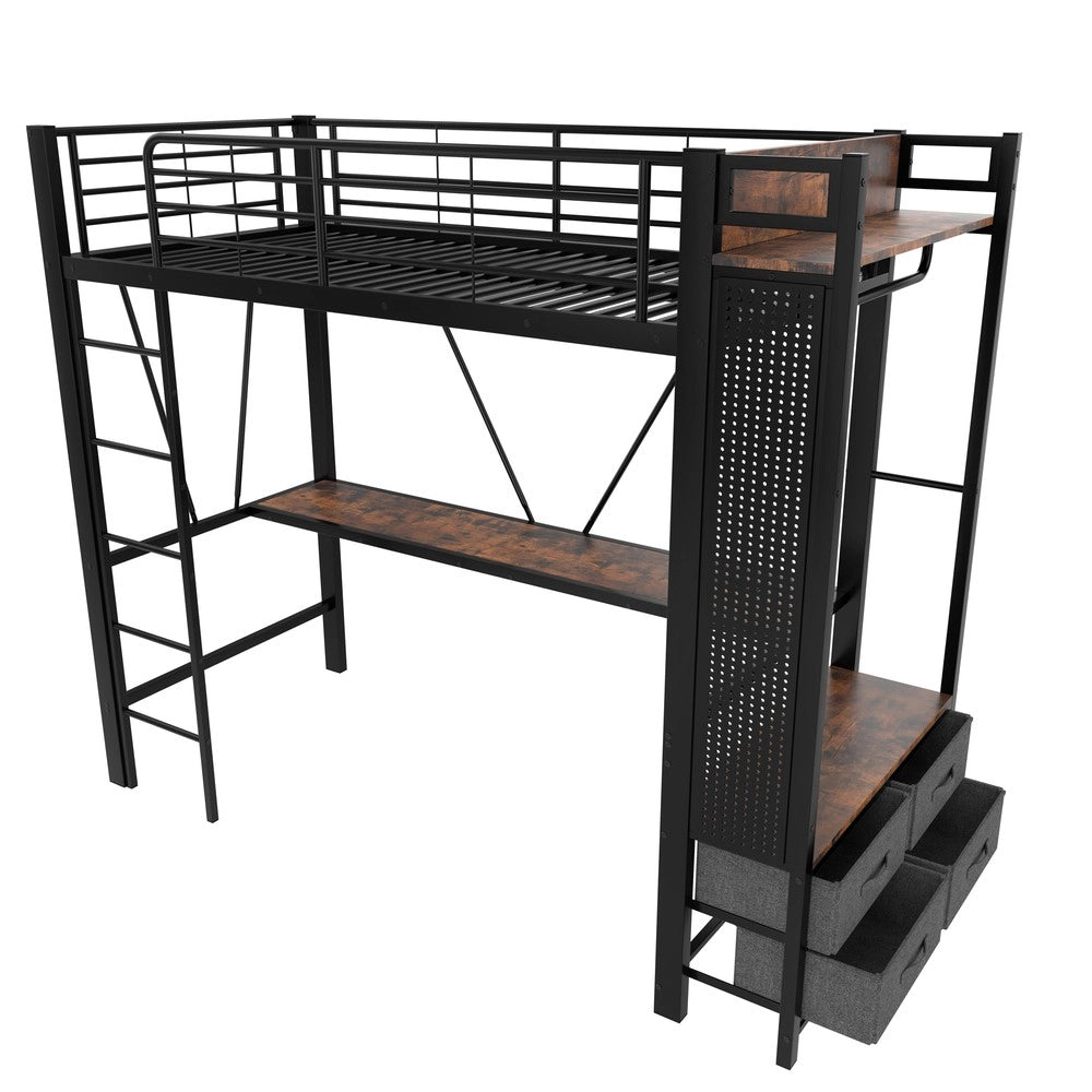 Letto a Soppalco con Scrivania e Cassetti ¨C MINIMAL ¨C LED, USB, Nero, 90x200