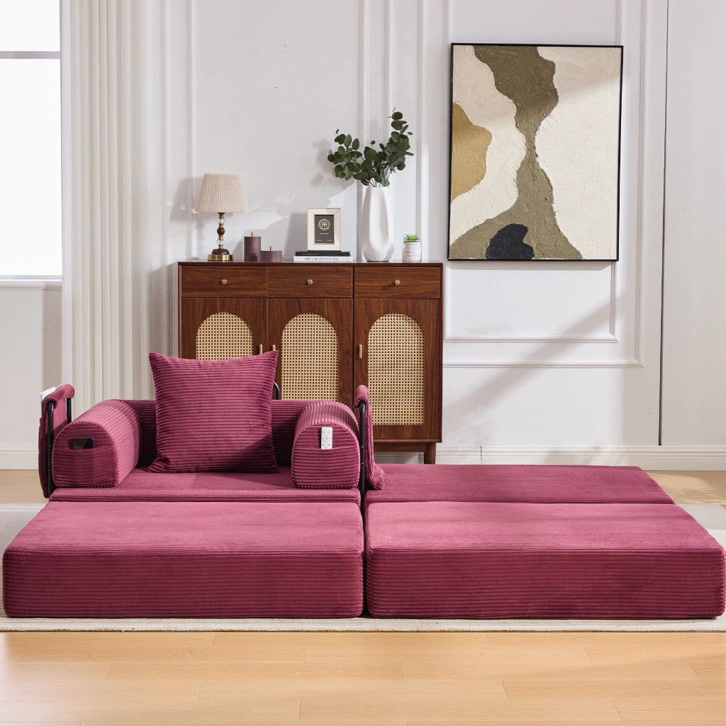 Repose-pied Convertibile con Funzione Letto, in Ciniglia a Coste, Rosso Vino