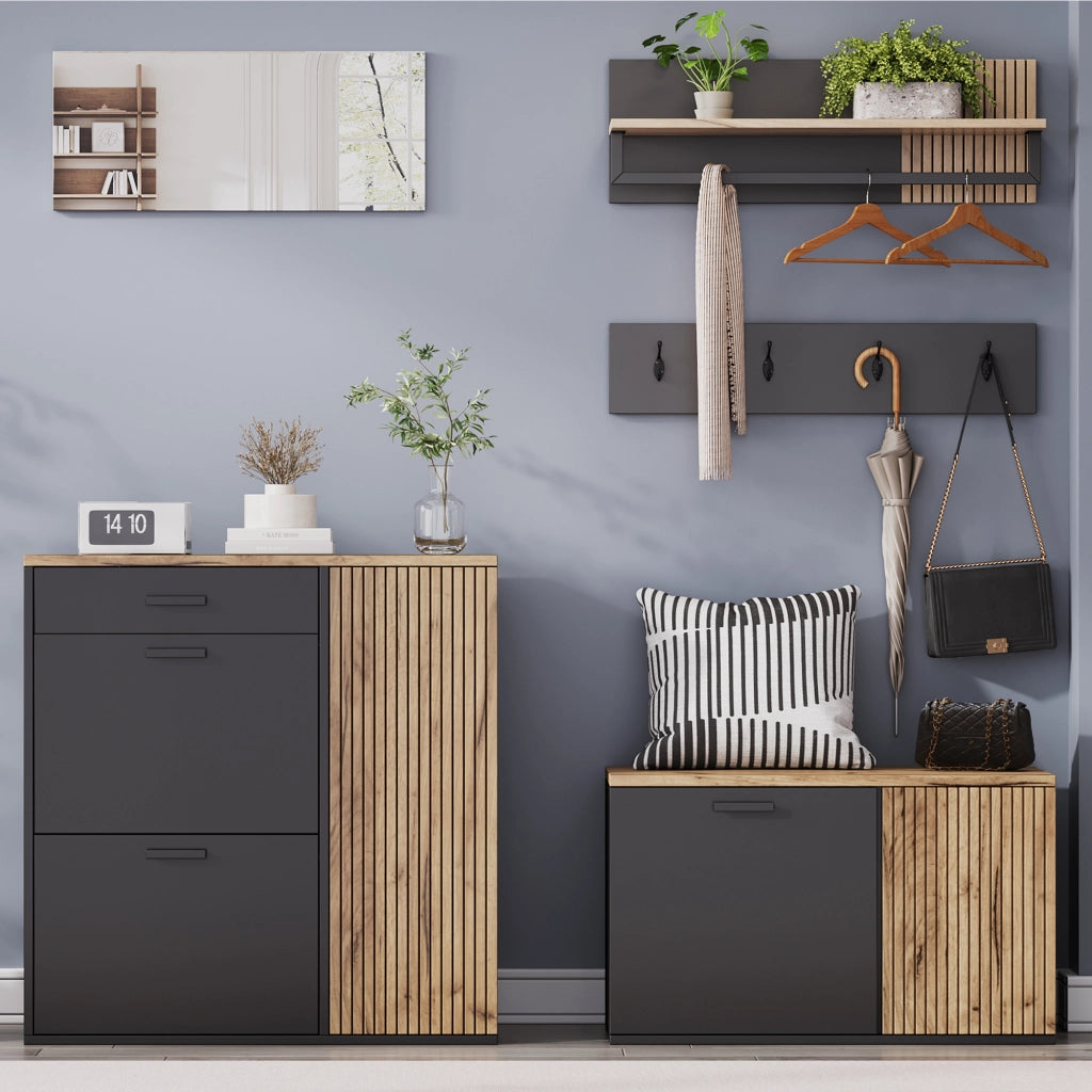 Set da ingresso a 5 pezzi con 2 mobili, specchio, mensola e 4 ganci, colore naturale e nero