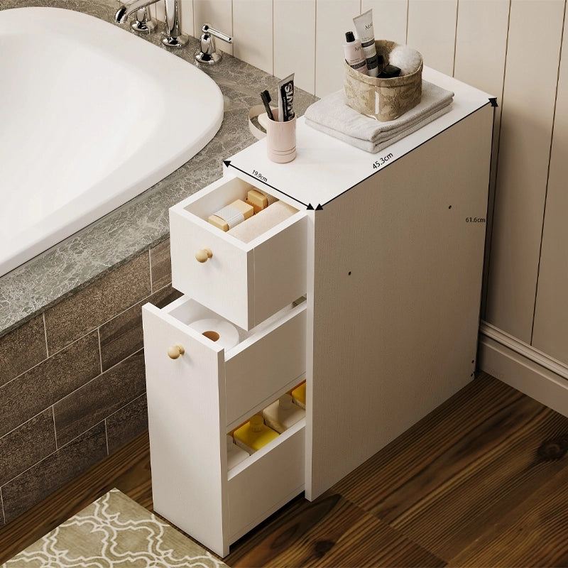 Mobiletto da bagno stretto con colonna, ripiano bianco e cassetti, design moderno