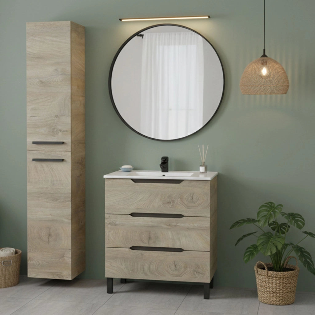 Sortino, set Mobili Bagno 3 Cassetti, Marrone Quercia