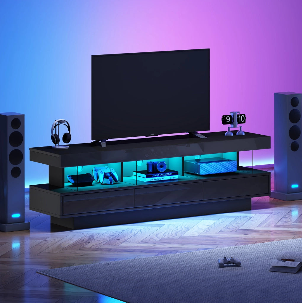 Mobile TV 160x38x50.5 cm con 3 ripiani in vetro e LED via app Bluetooth in truciolato nero
