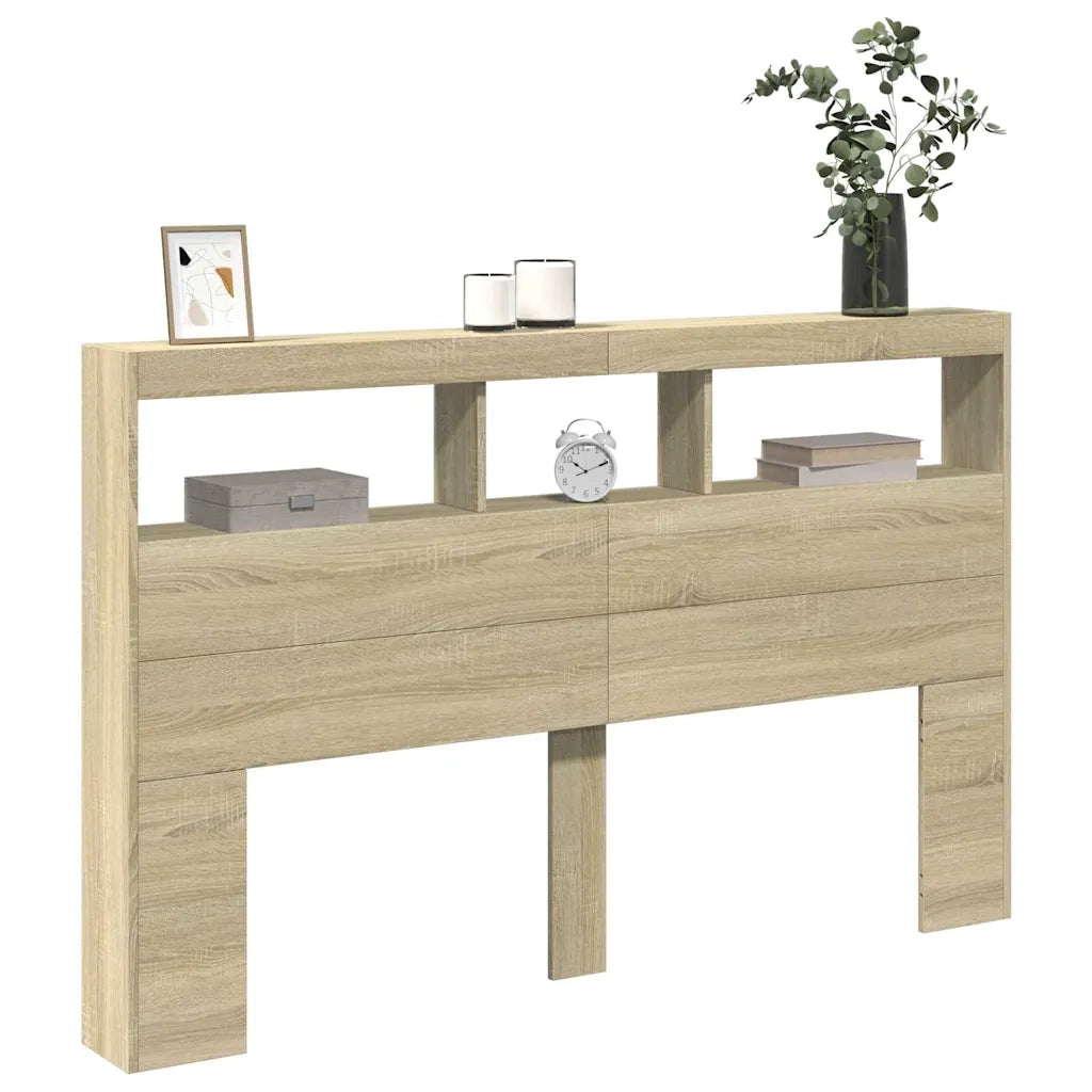 Testiera con Contenitore a LED-Testiera con Ripiani Rovere Sonoma 160x17x102 cm