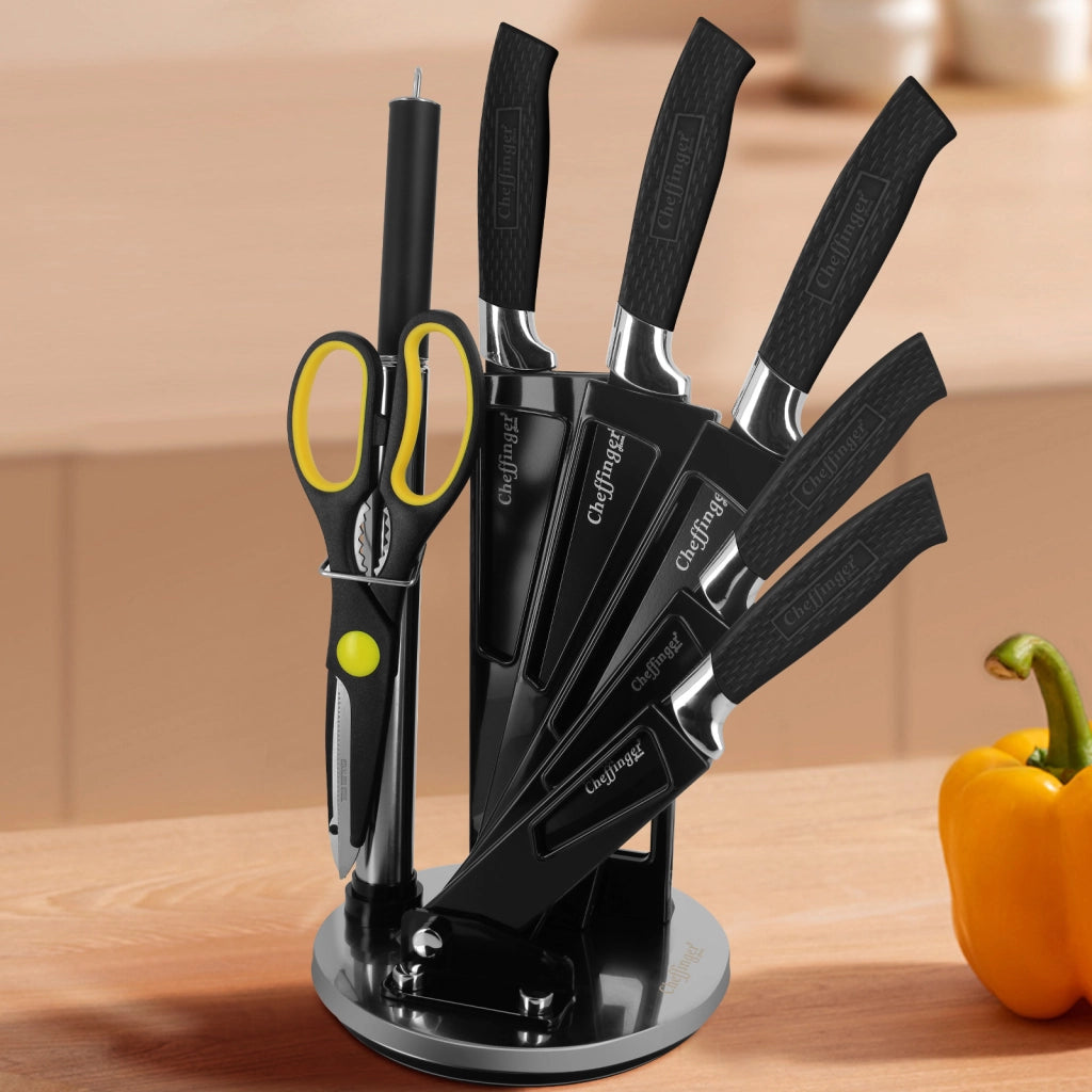Set coltelli 7 pezzi leggeri e anticorrosione con supporto Nero / Argento Cheffinger