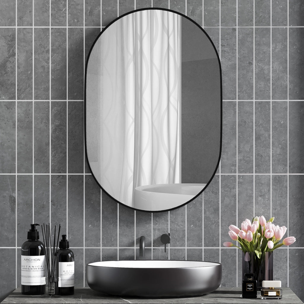 Specchio da Bagno Ovale con Cornice Alluminio ¨C Minimal ¨C Nero 60x90 cm