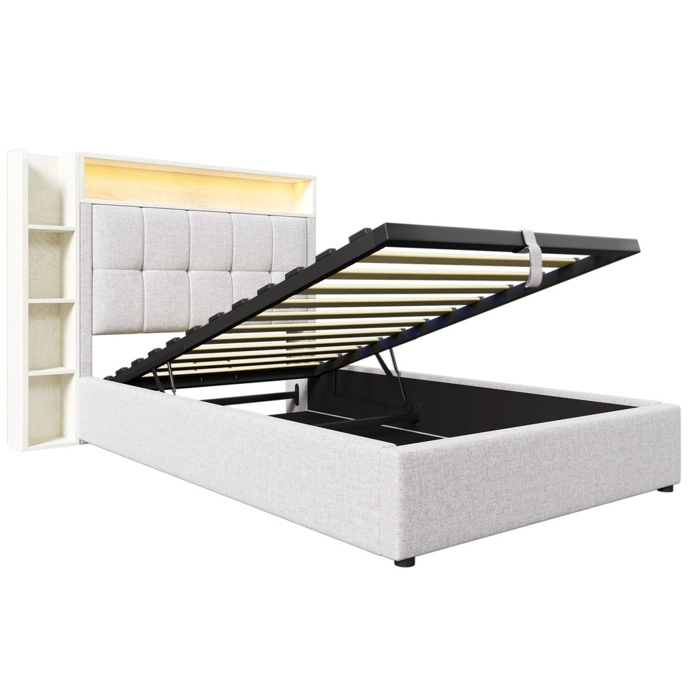 Letto Imbottito con LED e Contenitore ¨C MINIMAL ¨C Tessuto Beige 90x200