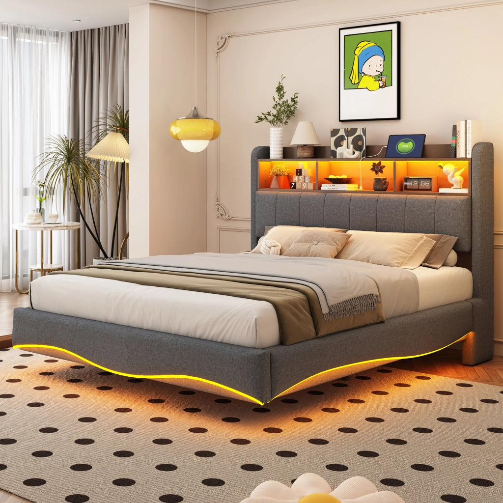 LETTO Imbottito 140x200 cm Grigio con LED, USB, Type-C e vano testiera