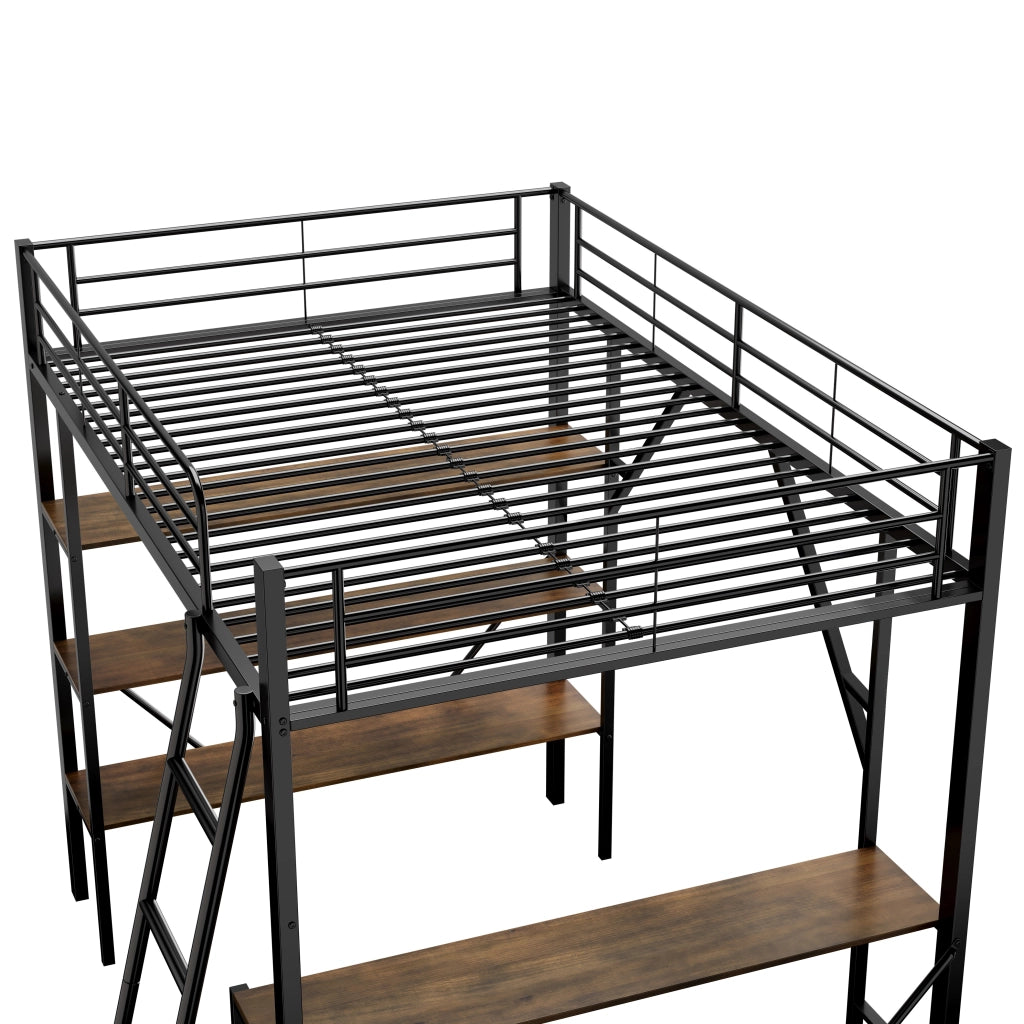 Letto a soppalco 90x200 cm in metallo con scrivania e 3 ripiani, nero