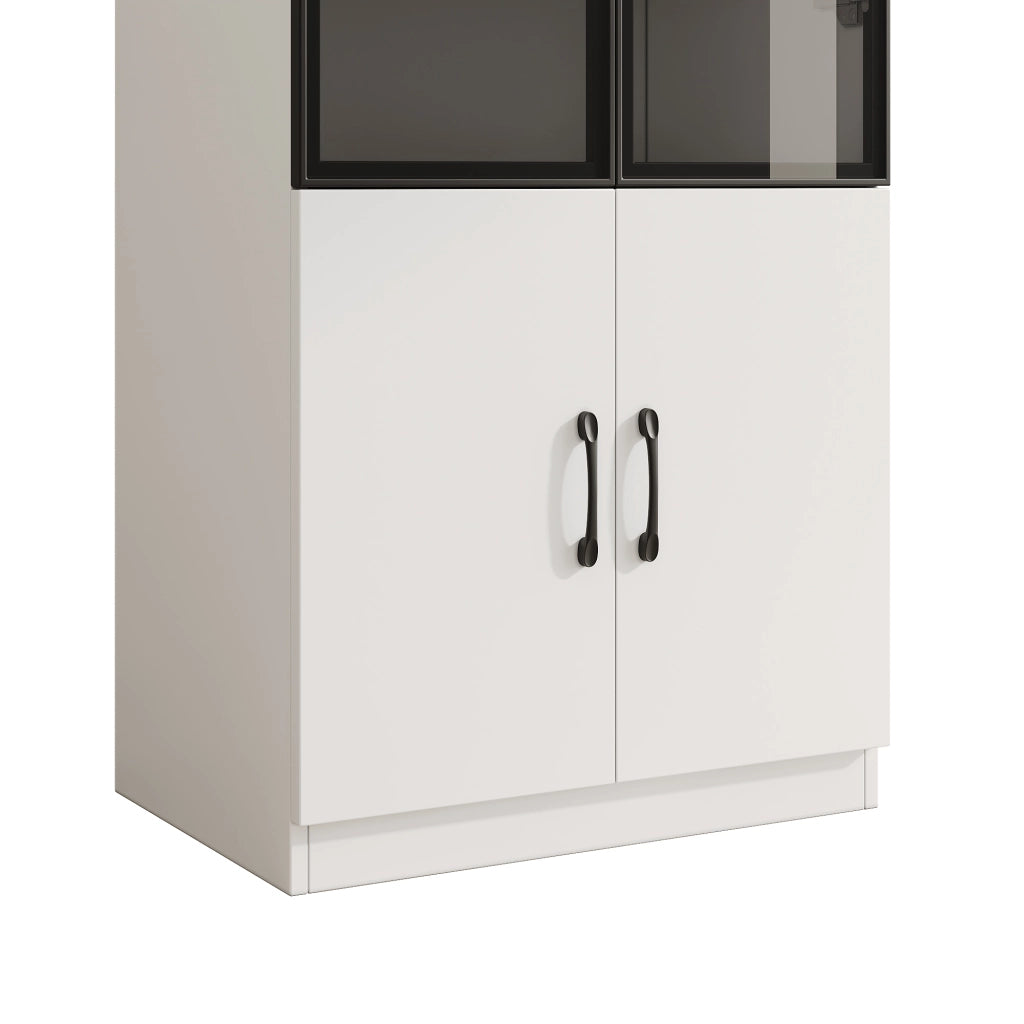 Vetrina con LED e ante in vetro fumé, struttura in truciolare e alluminio, bianco, a due porte inferiori, 120 × 40 × 160 cm