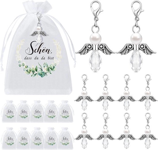 Sostegni per chiavi - 30 Set di Regali - Sacchetti di Organza - Cuscini per la testa - Ospiti di matrimonio - Motivo foglia di eucalipto - Biglietti di ringraziamento