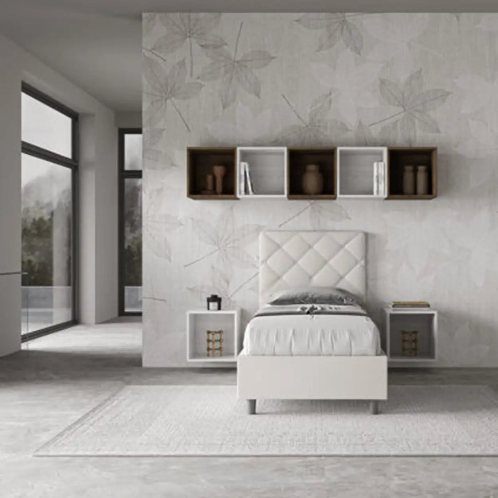 Letto singolo con rete imbottito 90x200 similpelle bianco Priya