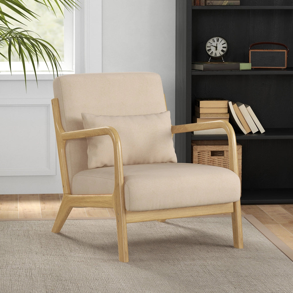 Poltrona lounge ¨C Xylo ¨C tessuto beige con cuscini e braccioli in legno