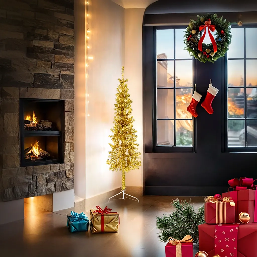 Albero Natale Artificiale Sottile a Met¨¤-Albero Natalizio con Supporto Oro 150cm