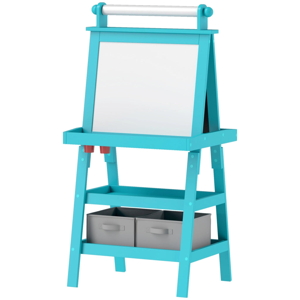 3 in 1 Kids Easel Double-Sided Magnetic Whiteboard and Chalkboard with Paper Roll, Storage Baskets - Blue
