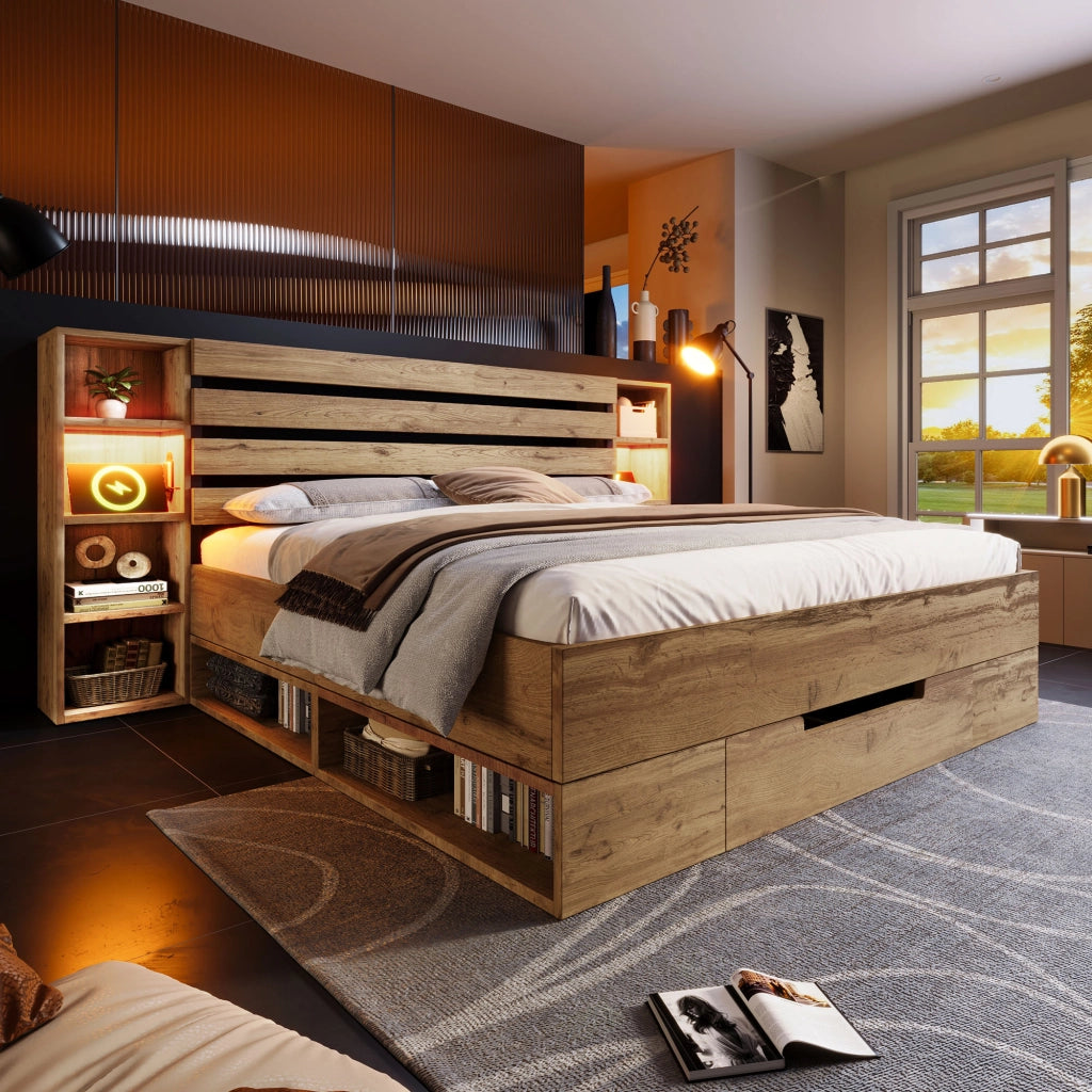 LETTO contenitore 180x200 cm con LED, USB e cassetti Rovere