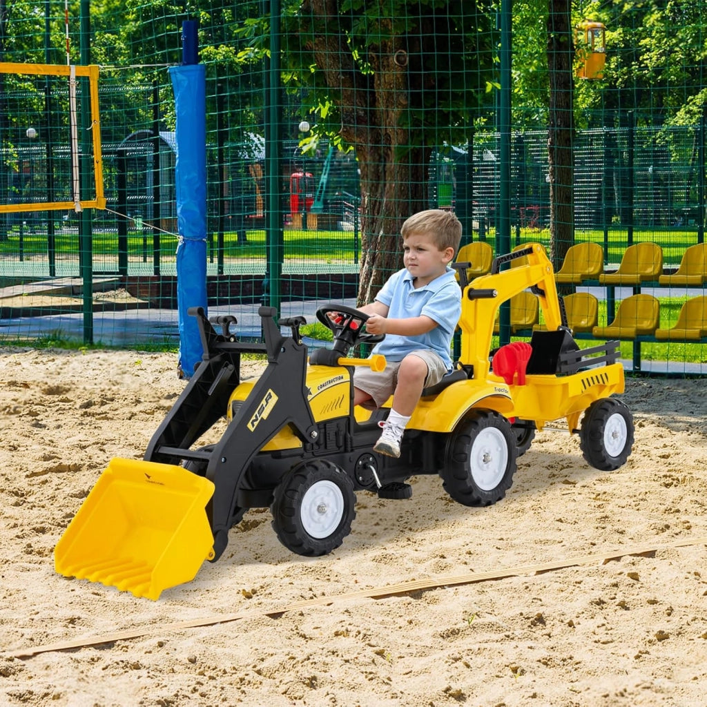 3 in 1 Escavatore per Bambini, Trattore con Rimorchio Staccabile Cavalcabile per Bambini, con 6 Ruote e 2 Benne, per Bambini 3-6 Anni (Giallo)