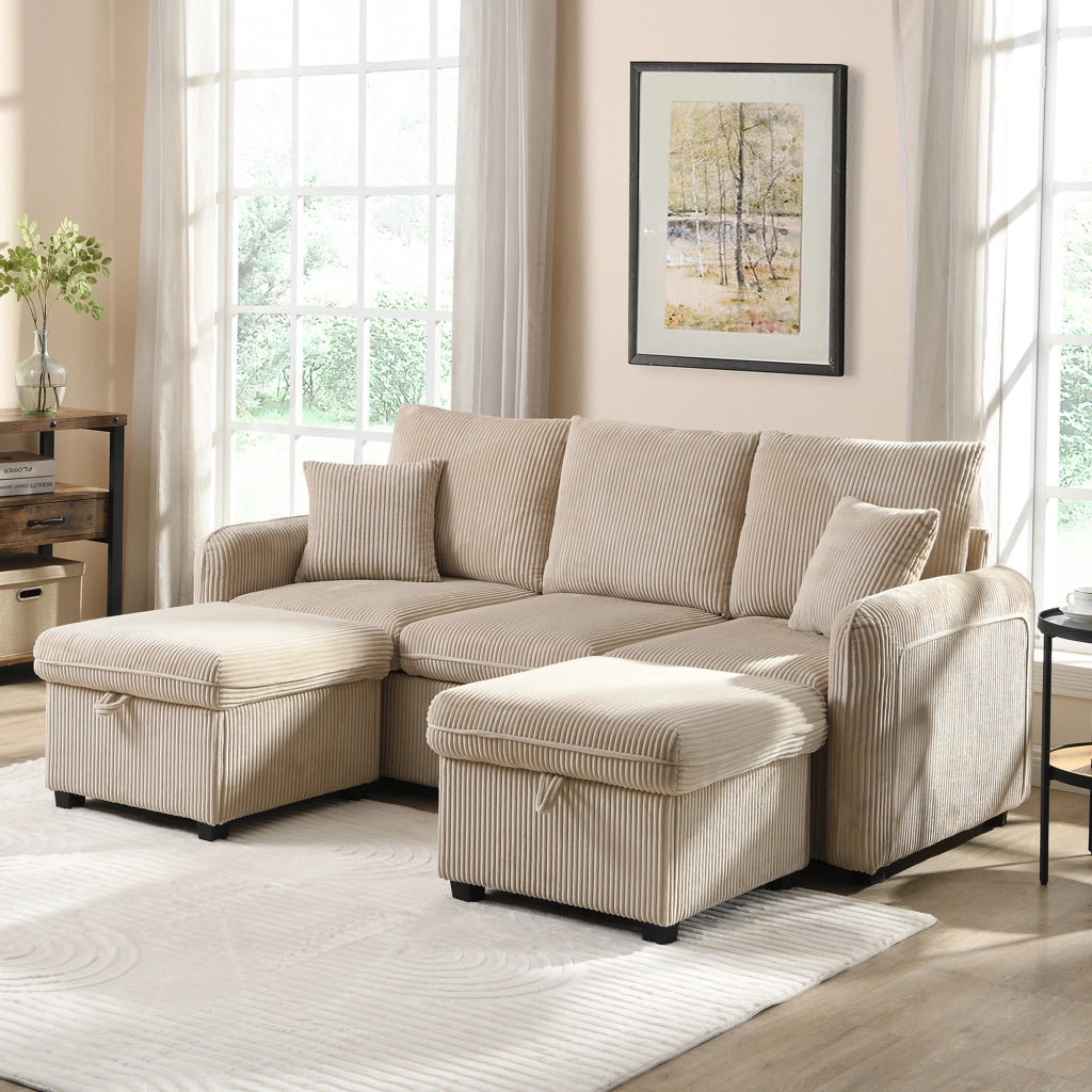 DIVANO 3 posti modulare con 2 pouf contenitore, tessuto corda beige