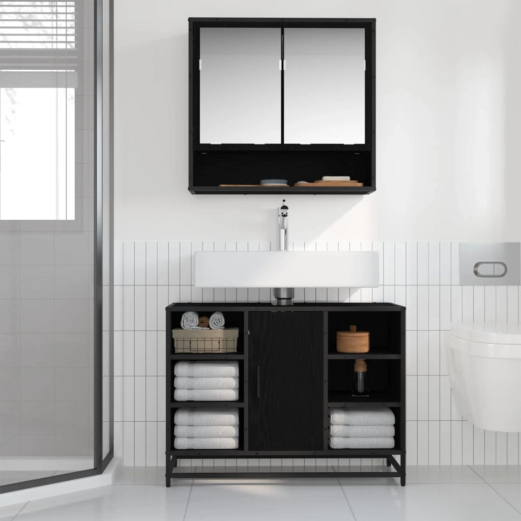 Set di mobili per il bagno 2 pcs Rovere Nero Legno multistrato