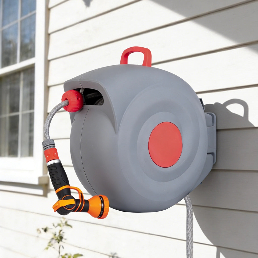 Avvolgitubo da Giardino 30m con Testa Spray 9 Funzioni ¨C MINIMAL ¨C Parete, Antirugine, Resistente UV