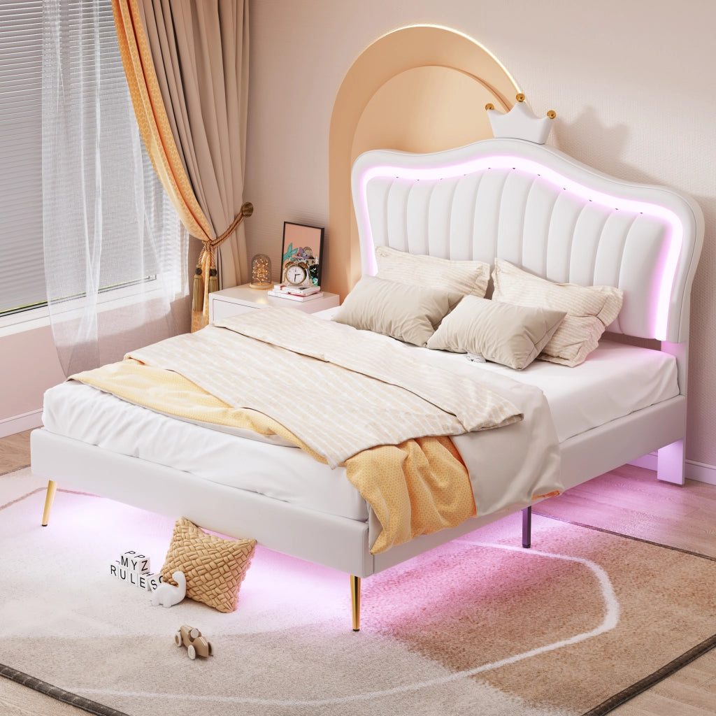 LETTO imbottito bambini 140x200 cm bianco con LED