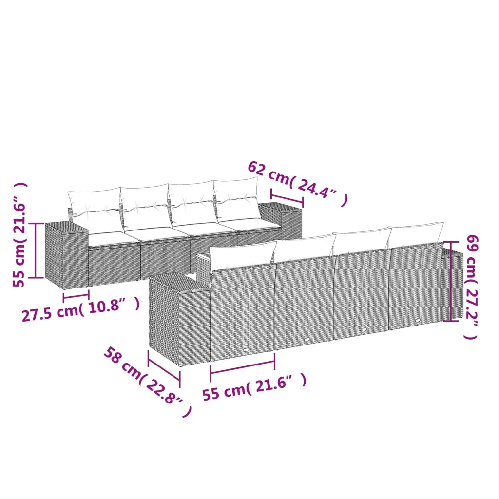 Set Divani da Giardino 9 pz con Cuscini Nero in Polyrattan 3257693