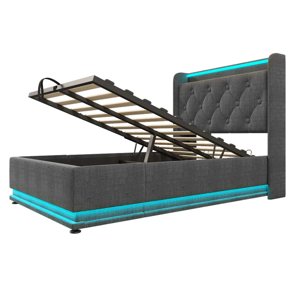 Letto Singolo Imbottito con LED e Contenitore Idraulico ¨C MINIMAL ¨C Grigio, 90x200 cm