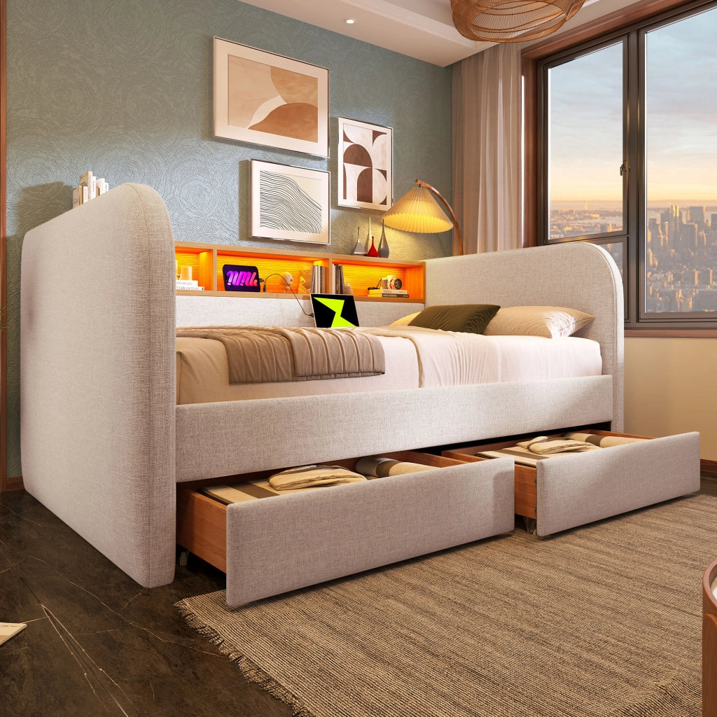 LETTO Imbottito 140x190 cm Beige con LED, USB-C e 2 cassetti