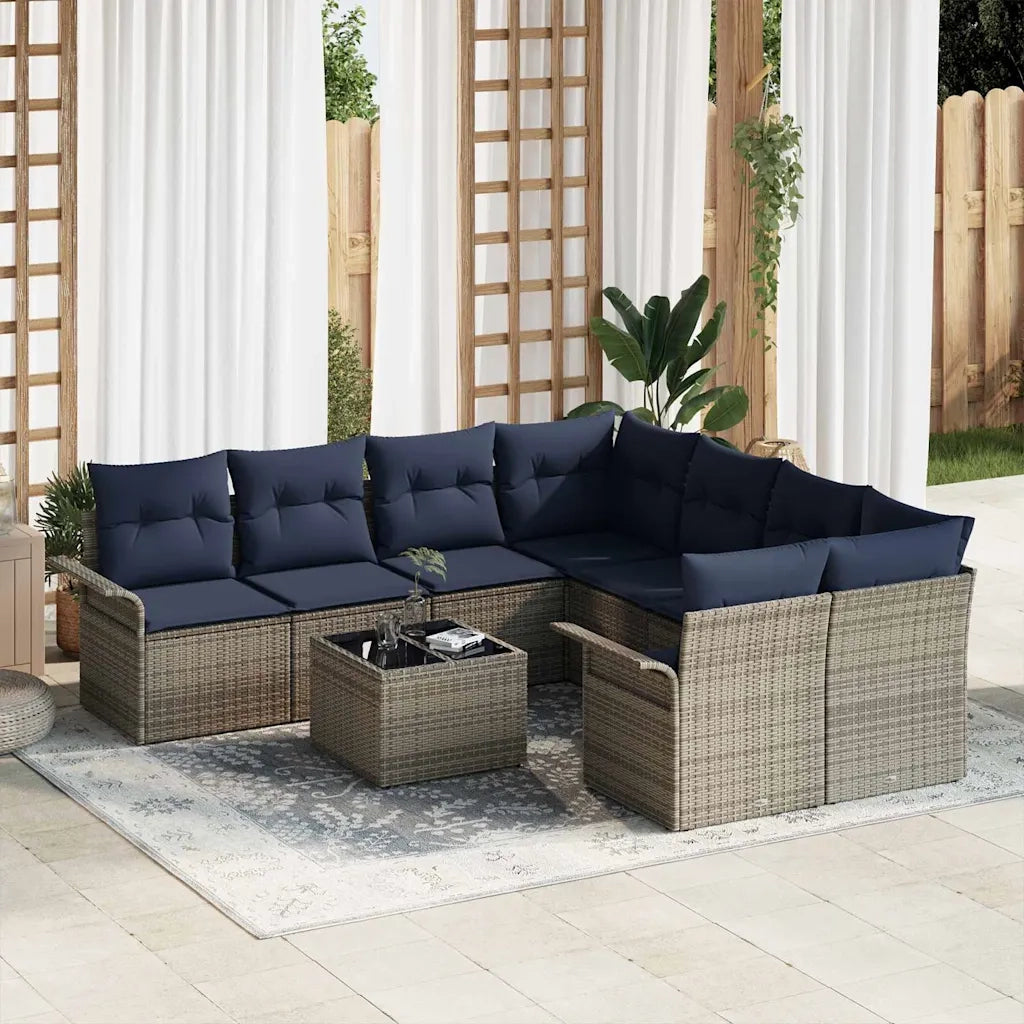 Set Divano da Giardino 9 pcs Grigio e Blu Navy polyrattan 3353974