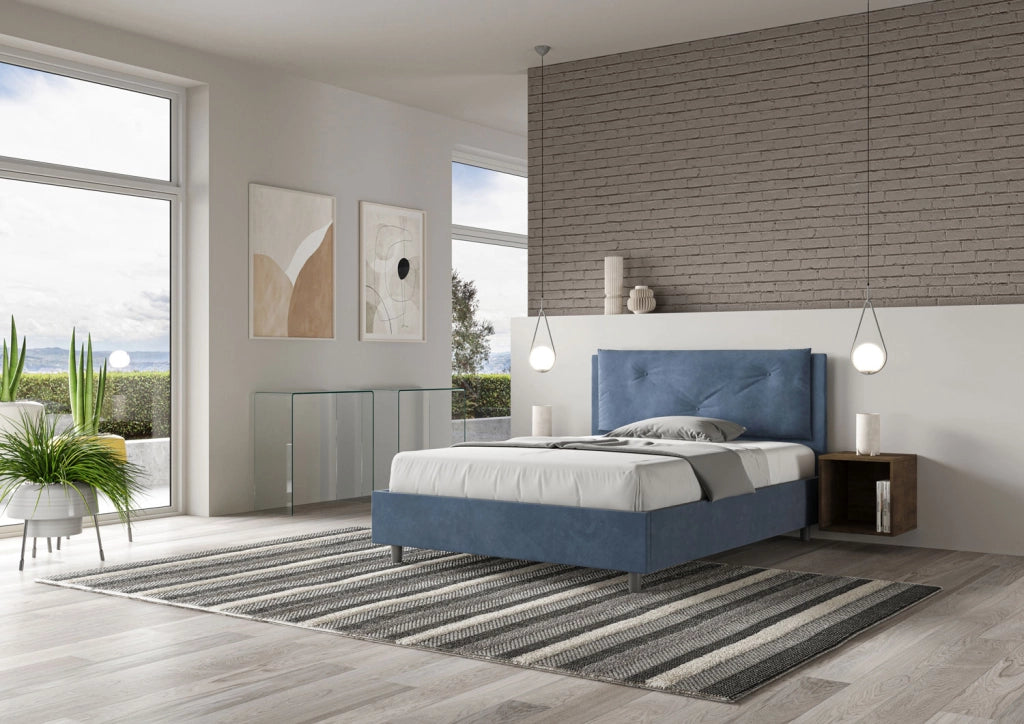 BS COM Letto matrimoniale francese contenitore imbottito 140x190 microfibra blu Large
