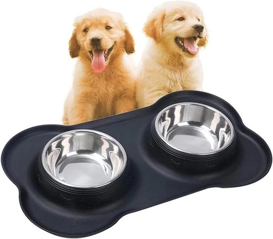 Bacca per gatti e cani, doppia ciotola in acciaio inossidabile, antiscivolo, con rivestimento anti-schegge in silicone (nero piccolo)