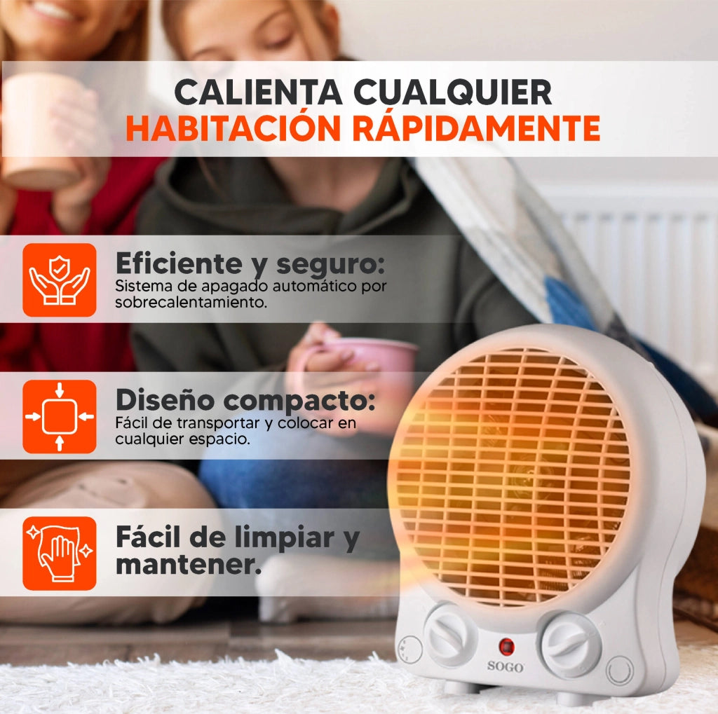 Termoventilatore elettrico 2000W con termostato regolabile, 2 livelli potenza e funzione ventilazione per riscaldamento rapido - Sogo