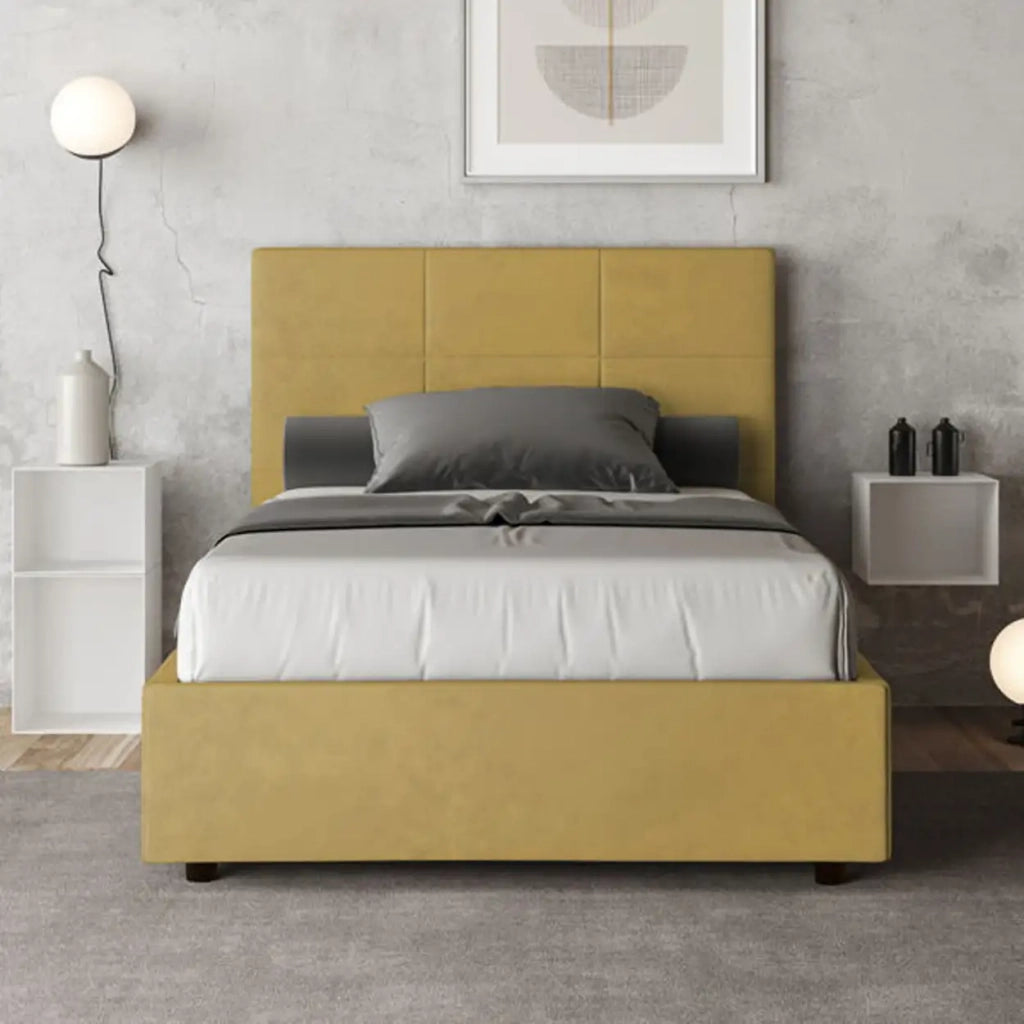 Letto una piazza e mezza contenitore imbottito 120x190 microfibra ocra Mika