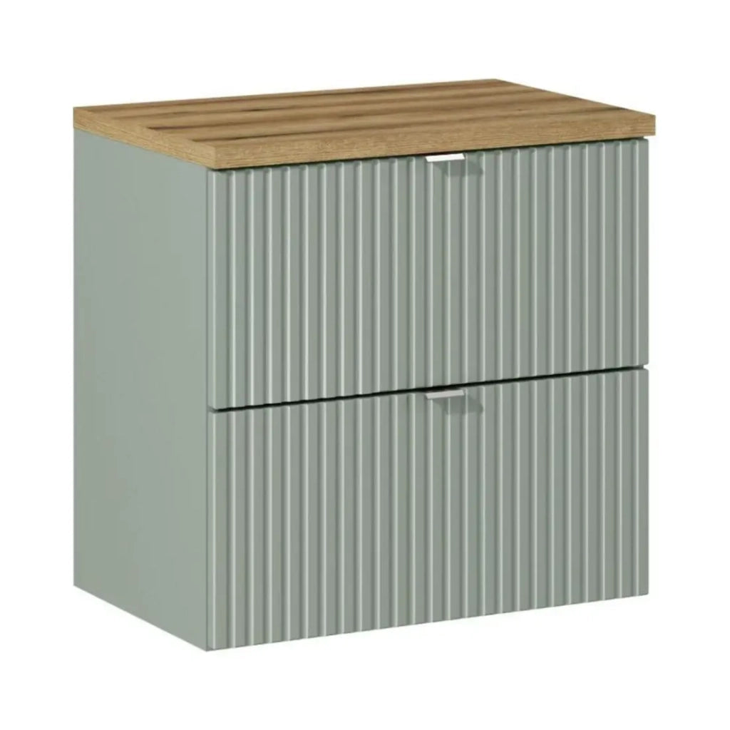 Set da bagno ELVINA 60cm: mobile sotto lavabo con cassetti verde salvia grigio + piano per lavabo effetto legno scuro