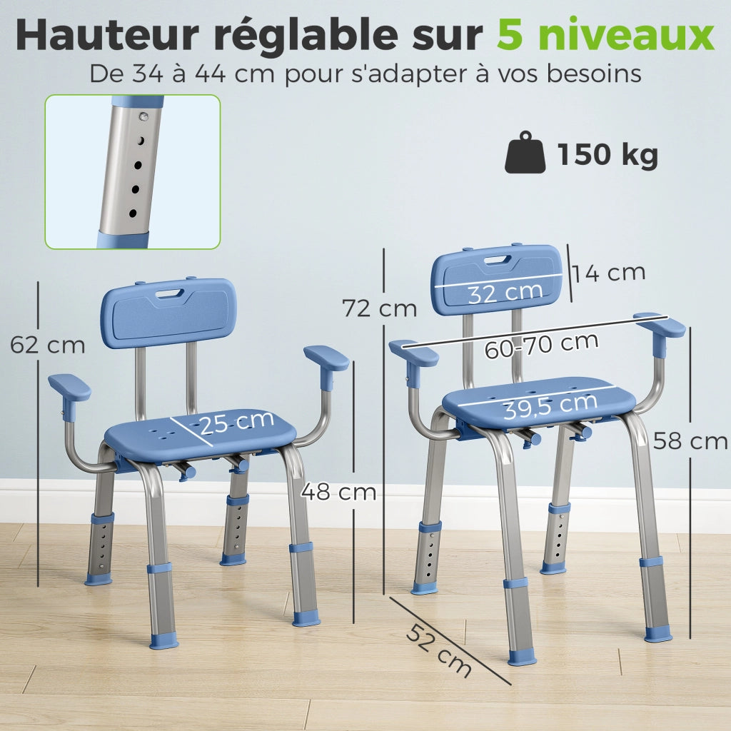 Sedia da Doccia Ergonomica con Braccioli e Schienale ¨C Xylo ¨C Altezza Regolabile Blu