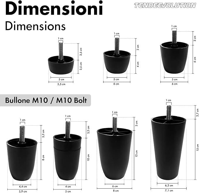 Piedini in Plastica PVC per Mobili | Altezza 8cm | Vite M10 | Design Minimal ed Elegante