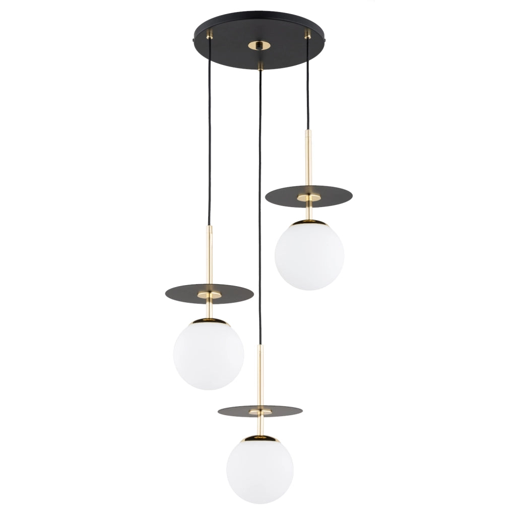 Lampadario moderno nero oro 3 sfere bianche E14 Alfa QEENCY