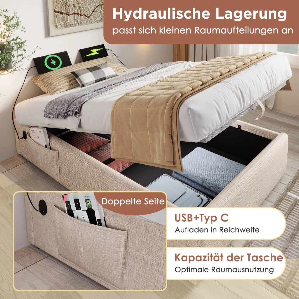 LETTO Contenitore 90x190 cm in lino Naturale con USB e Type-C