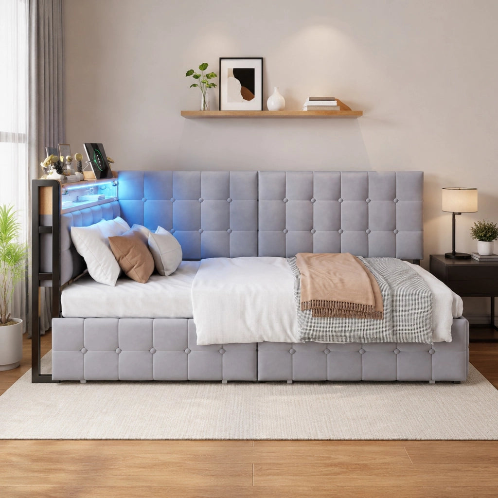 LETTO Contenitore 90x200 cm Grigio in tessuto con 2 cassetti, LED e USB-C